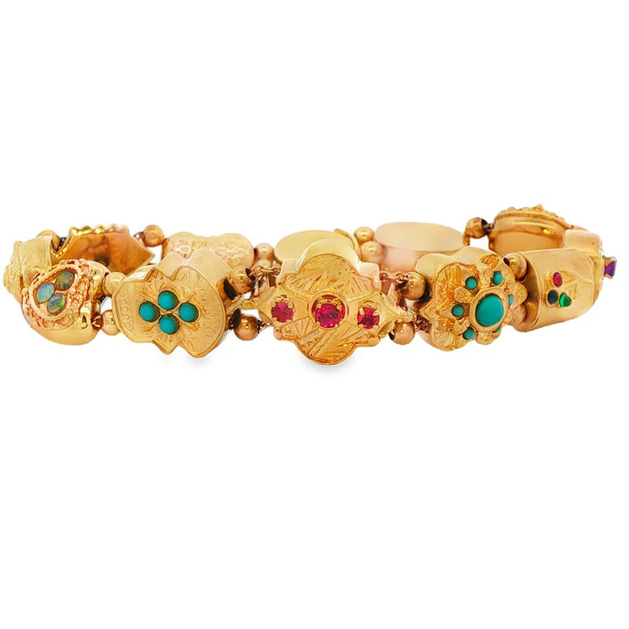 Yellow 14 Karat Genuine Multi Gemstone Engraved Ornate Slide Bracelet