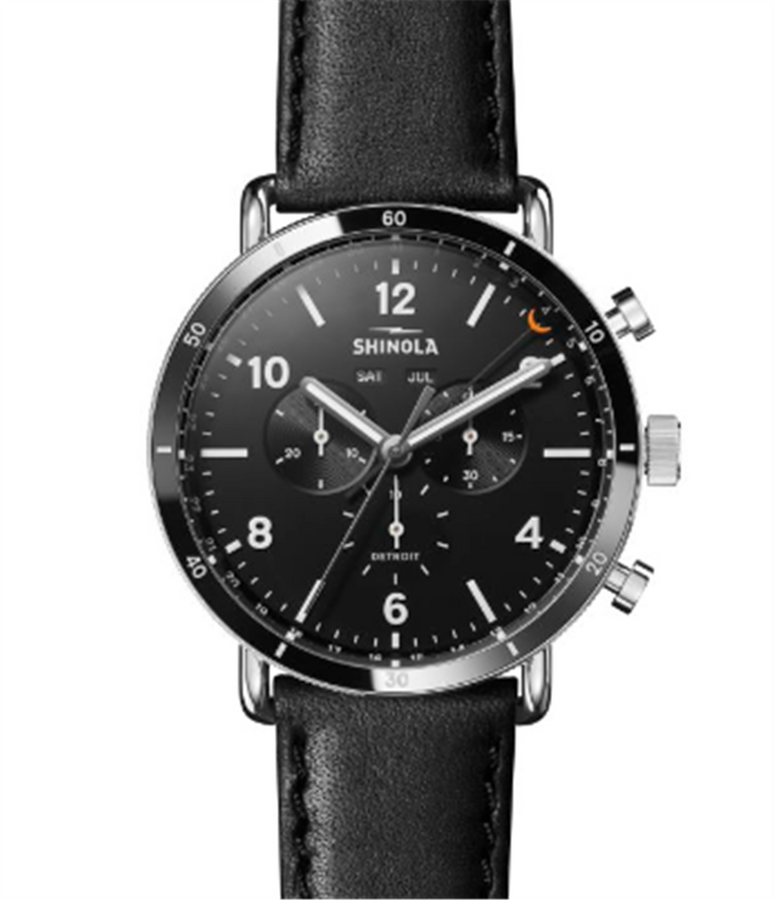 The Canfield Sport Watch with Black Face and Black Leather Strap