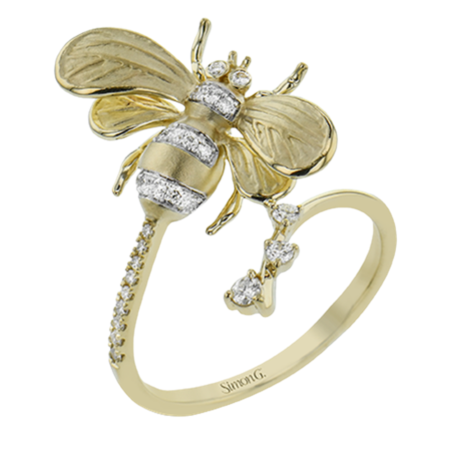 Lady's Yellow 18 Karat Bee Fashion Ring 26 = 0.23TWT Round Diamonds De