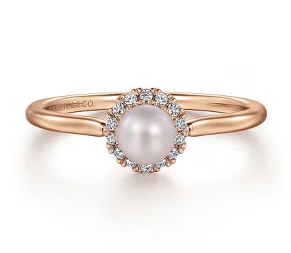 Lady's Rosé 14 Karat Halo Ring With One = Fresh Water Pearl And 14 = 0