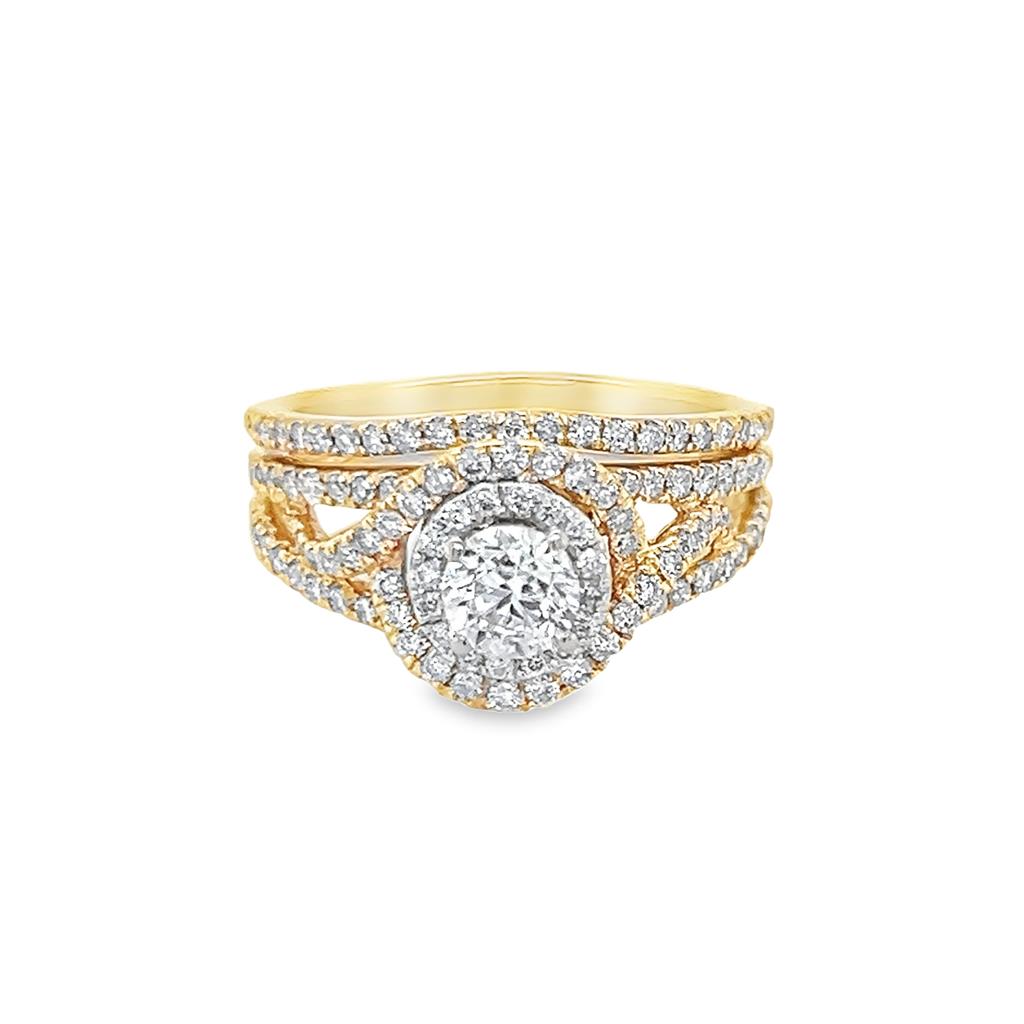 Two-Tone 14 Karat Double Halo Twist Soldered Wedding Set Estate Jewelry Size 5.75 91=0.46tw Round Diamonds
one 0.40ct Round Diamond Gram Weight: 4.7