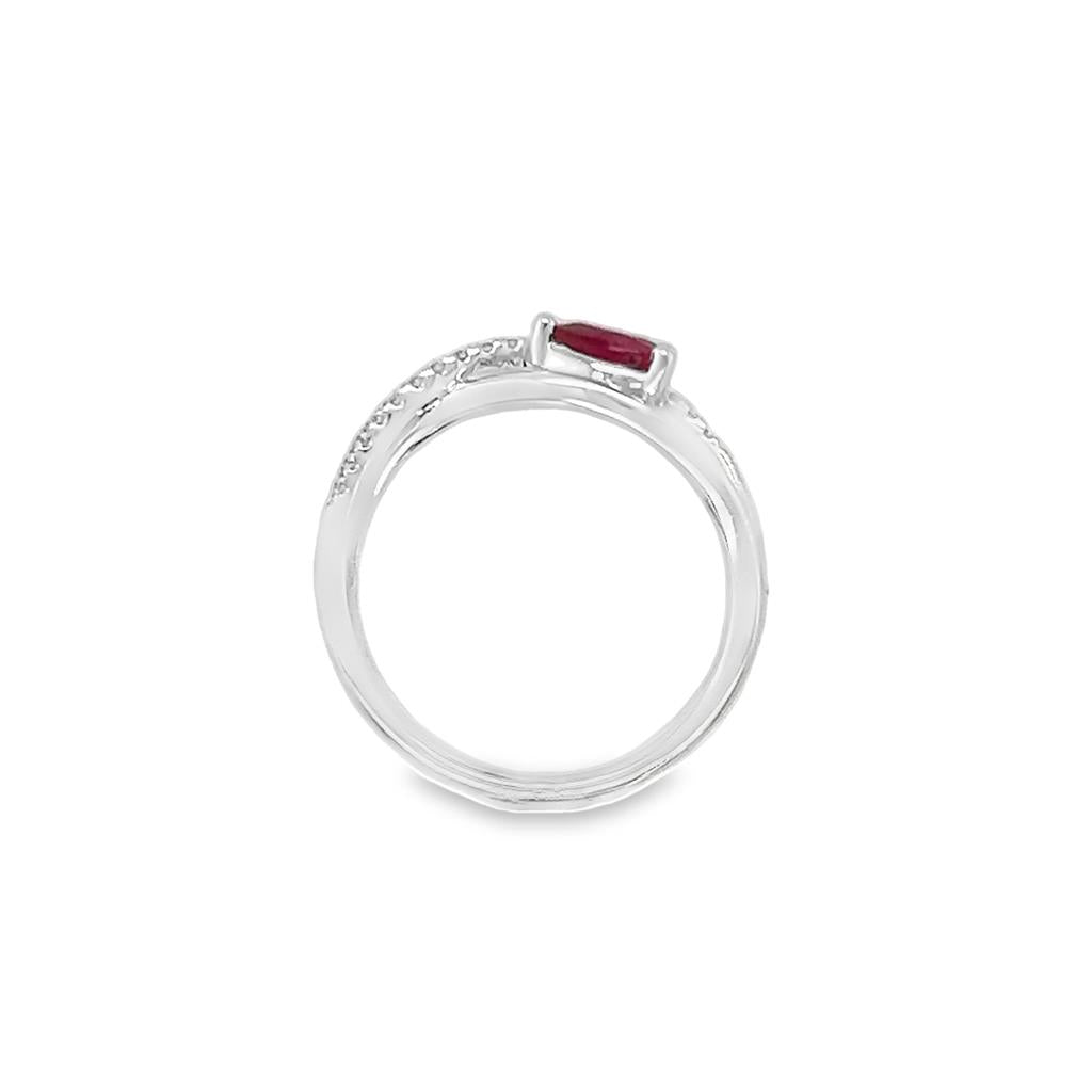 Nelson Lady's White 18 Karat Ruby and Diamond Asymmetrical Split Fashion Ring