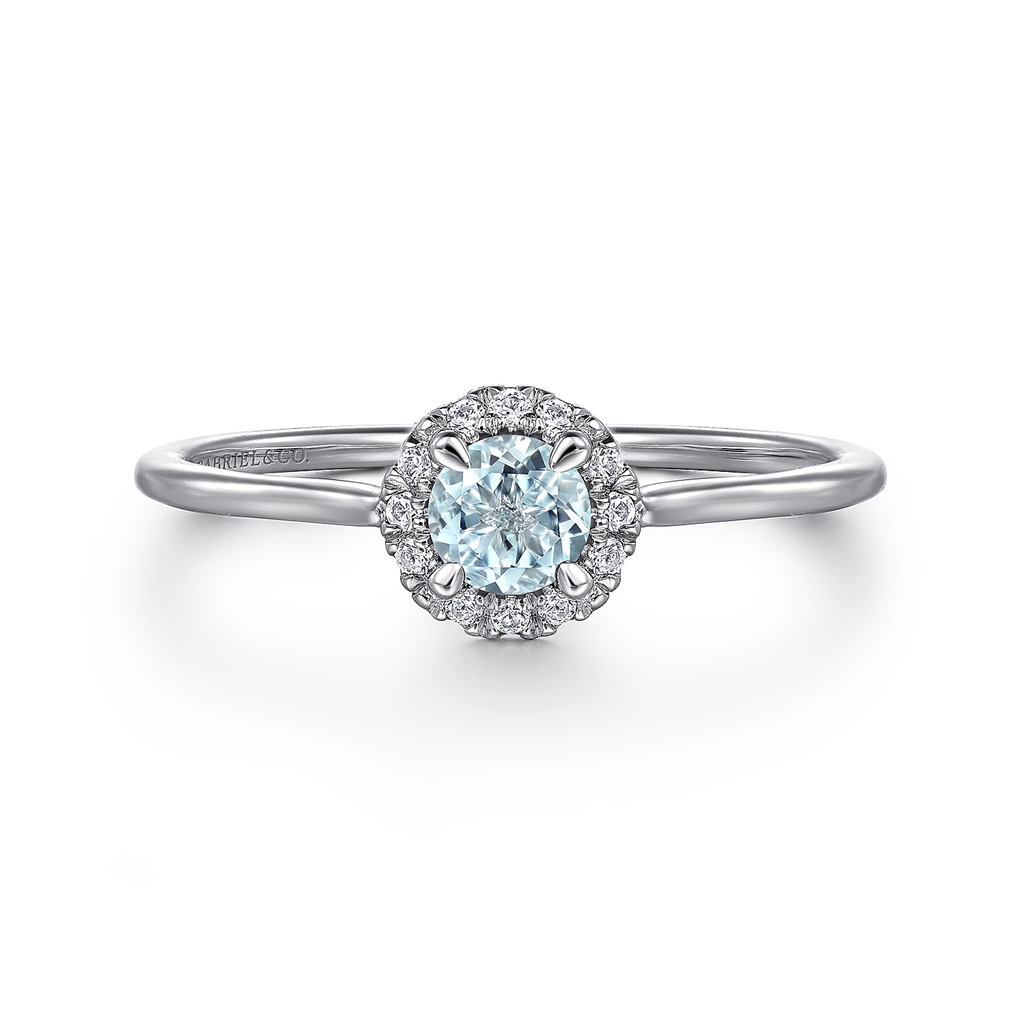 Gabriel & Co. Fashion 14K White Gold Aquamarine Diamond Halo Promise Ring