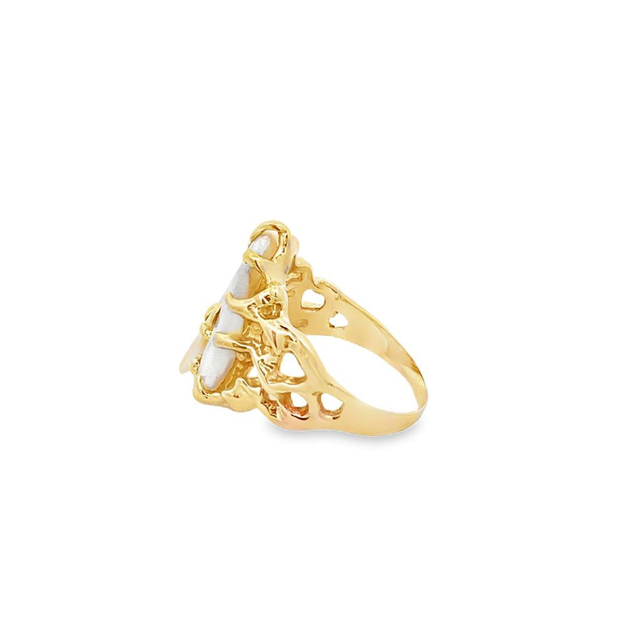 Yellow 14 Karat Wide Band With 3 Elongated Tennessee Pearls Estate Jew