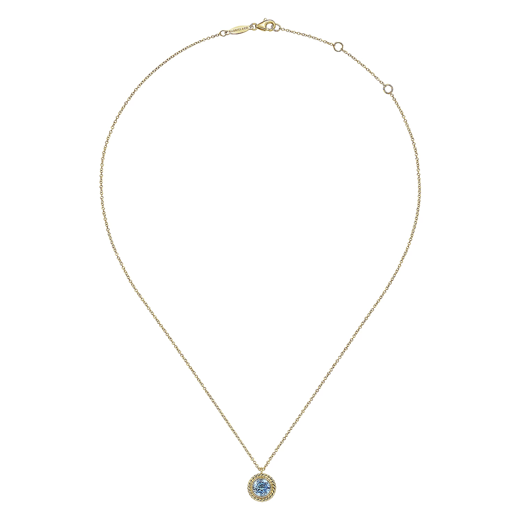 Gabriel & Co. Fashion 14K Yellow Gold Round Blue Topaz and Twisted Rope Pendant Necklace
