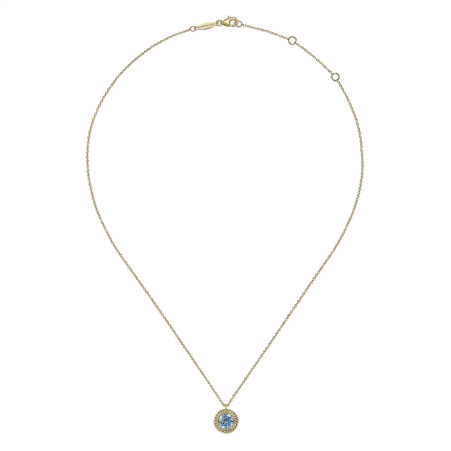 Gabriel & Co. Fashion 14K Yellow Gold Round Blue Topaz and Twisted Rope Pendant Necklace