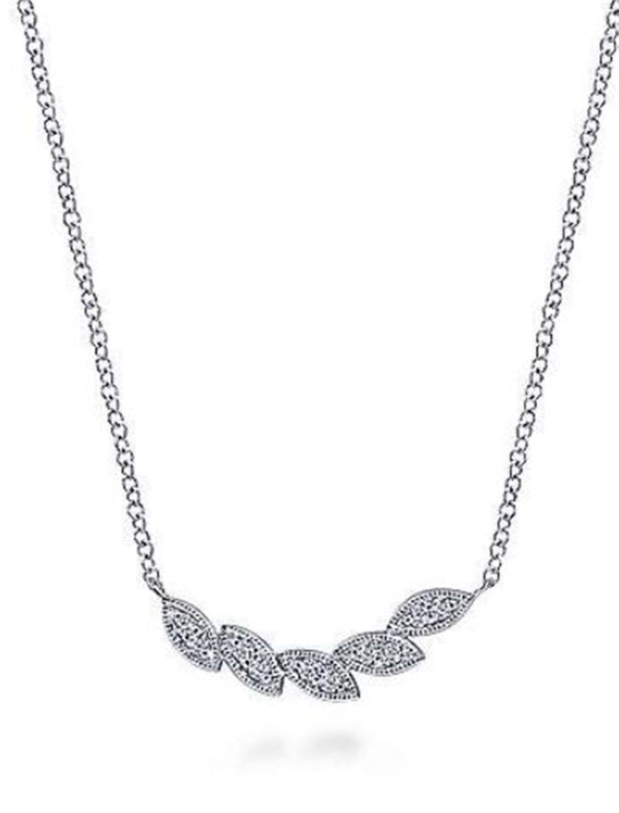 Lady's White 14 Karat Leaf Bar Necklace Length 17.5 With = 0.08TW Roun