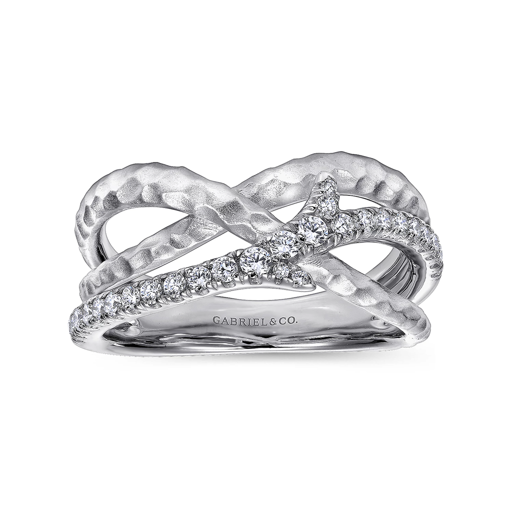 Gabriel & Co. Silver Sterling Silver Hammered White Sapphire Twisted Ring