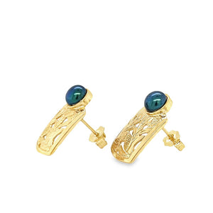 Yellow 14 Karat Milgrain/Cutout Blue Green Pearl Earrings Estate Jewelry 2=5.10x5.10mm Round Blue Green Pearls Gram Weight: 3.12