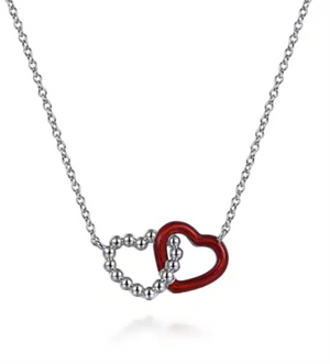 Lady's Sterling Silver Bujukan Double Heart Pendant with Chrome Red En