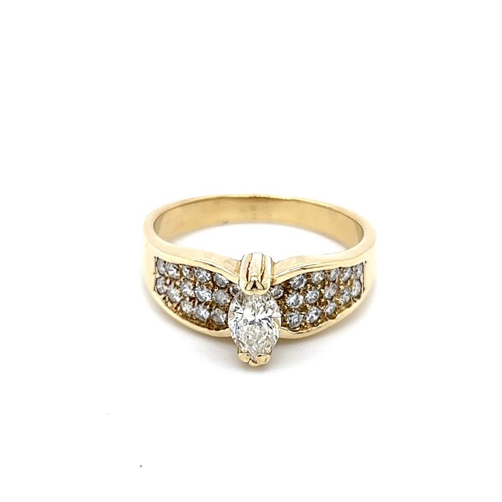 Yellow 14 Karat Marquise Diamond Engagement Ring Estate Jewelry Size 7.5 With One 0.35Ct Marquise J/K I1 Diamond And 30=0.45Tw Round H/I I1 Diamonds Gram Weight: 4.4