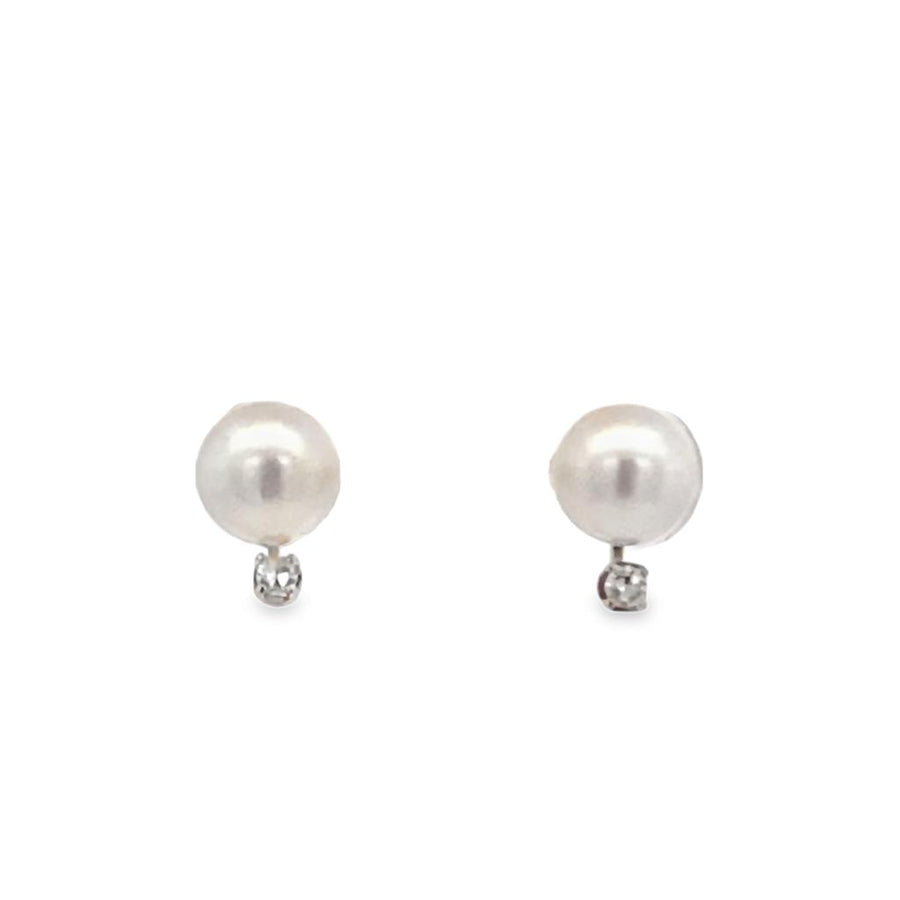 Yellow 14 Karat 7mm Pearl And Diamond Studs w/ Friction Push-Backs Est
