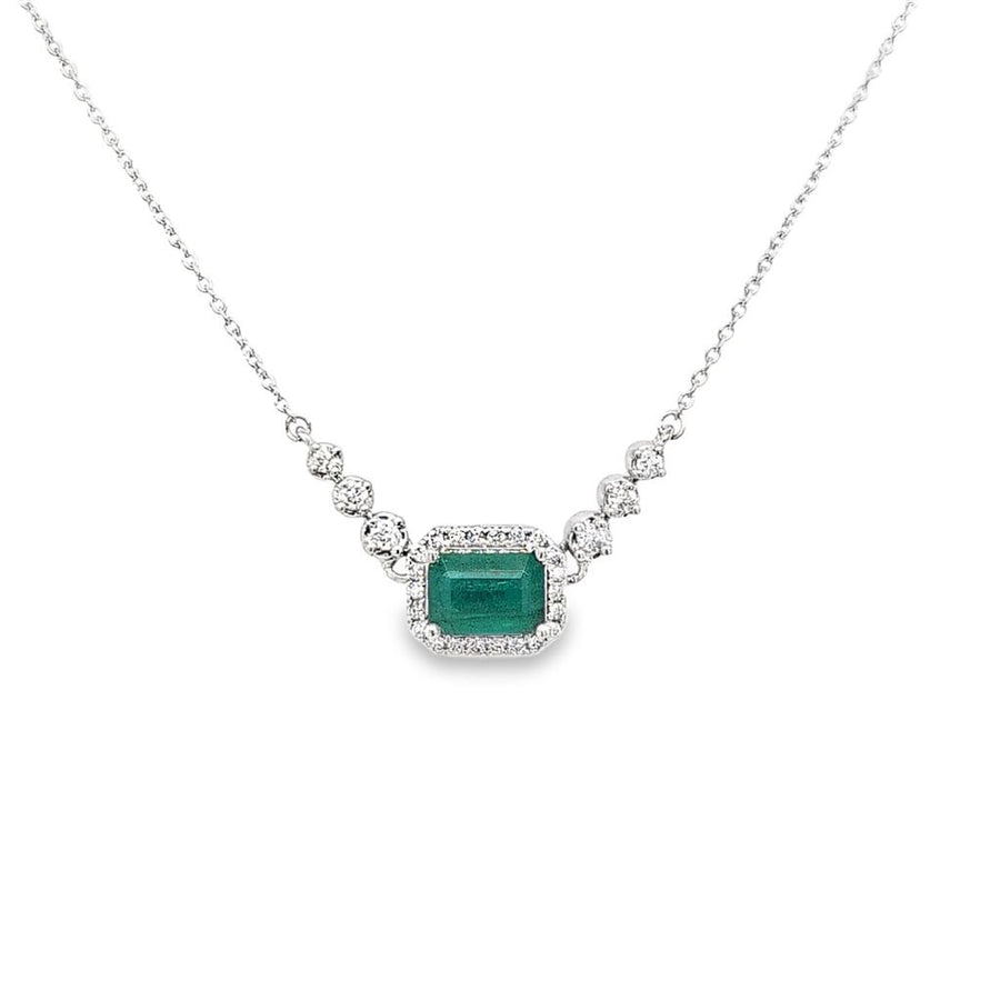 Lady's White 14 Karat Emerald Halo Accented Necklace With One = 1.00CT