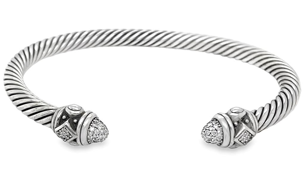 Sterling Silver David Yurman Renaissance Cable Bangle W/Pave Diamonds