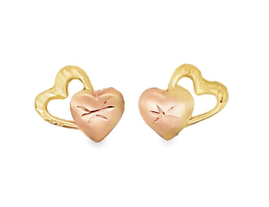 Estate Two-Tone Diamond Cut Double Heart Stud Earrings