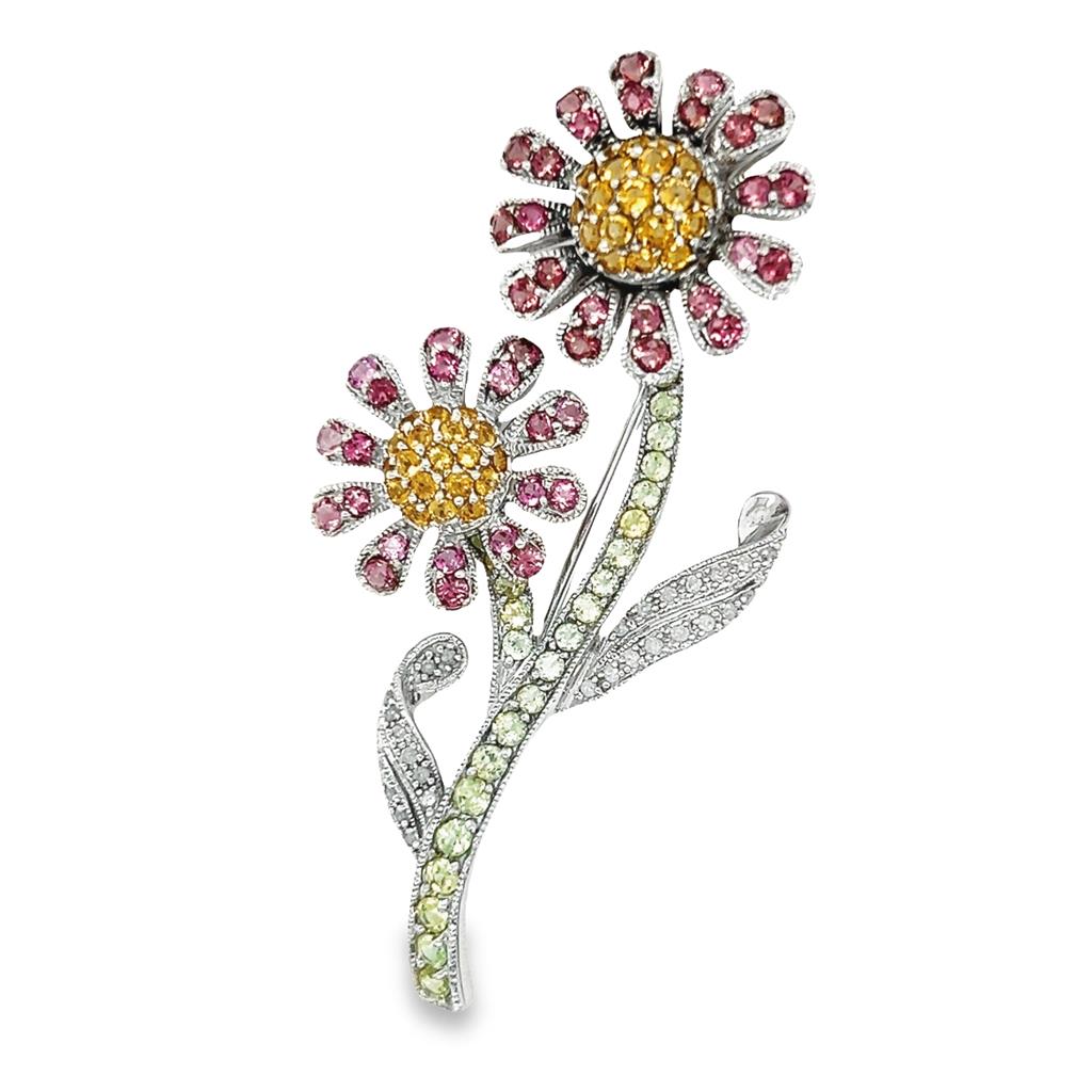 White 10 Karat Milgrain Daisy Gemstone Brooch Estate Jewelry 48=2.00x2.00-2.50x2.50mm ROUND Pink Tourmalines
38=1.50x1.50-2.50x2.50mm Round Citrines
27=2.20x2.20-2.50x2.50mm Round Peridots
31=0.46tw Round Diamonds Gram Weight: 12.83