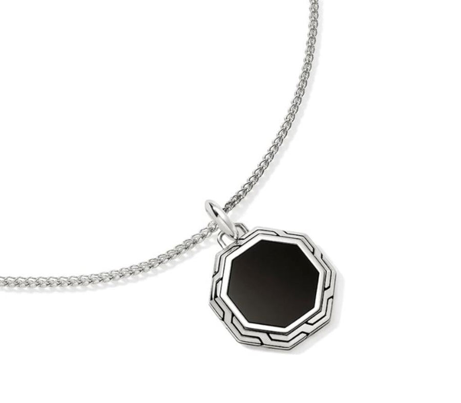 John Hardy Sterling Silver Octagon Black Onyx Tag Pendant On 24" Surf Chain