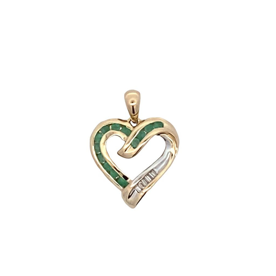 Yellow 10 Karat 22.5X16.25mm Open Heart Pendant w/ Chanel Set Emeralds
