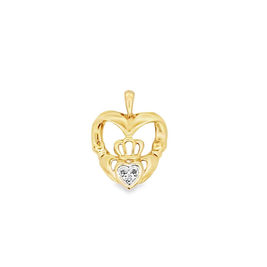 Two-Tone 10 Karat 19.05X14.2mm Open Heart Diamond Claddagh Estate Jewe