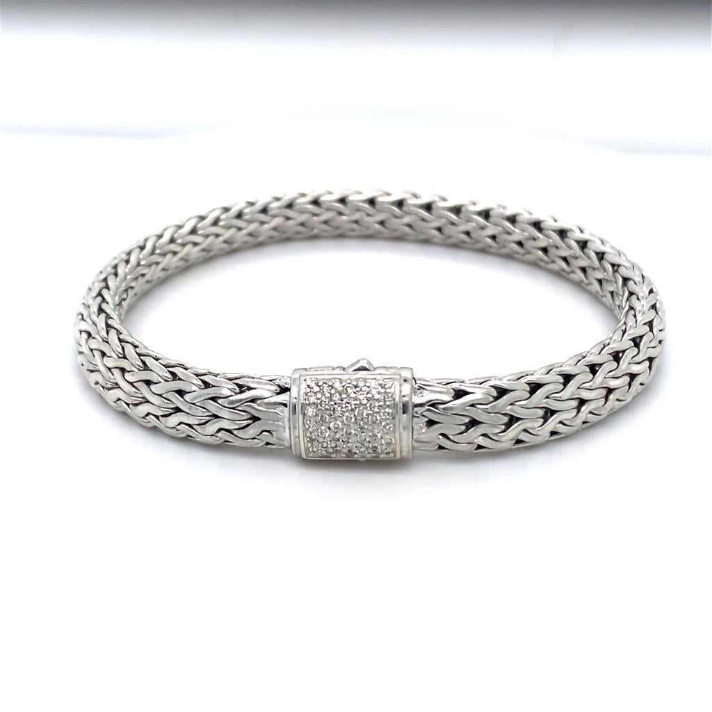 Sterling Silver John Hardy Classic Chain Bracelet With Pave Diamond Cl