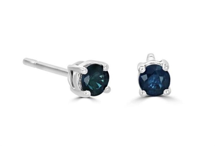 Lady's White 14 Karat Stud Earrings 2 = 0.37TWT Round Blue Sapphires G