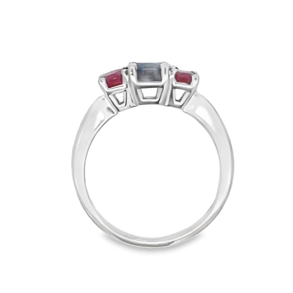 14 Karat White Three Stone Sapphire And Ruby Ring Estate Jewelry Size