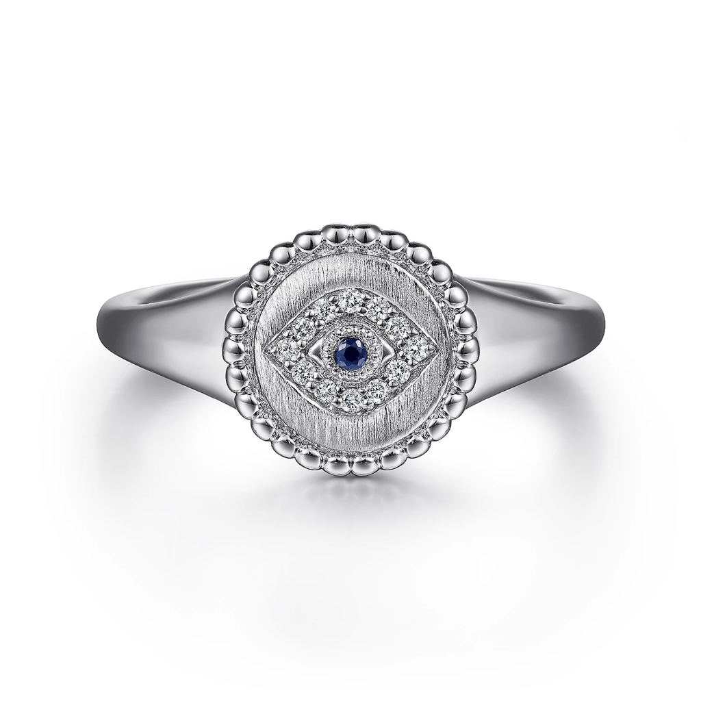 Gabriel & Co. Fashion Sterling Silver Signet Ring with Diamond and Sapphire Evil Eye