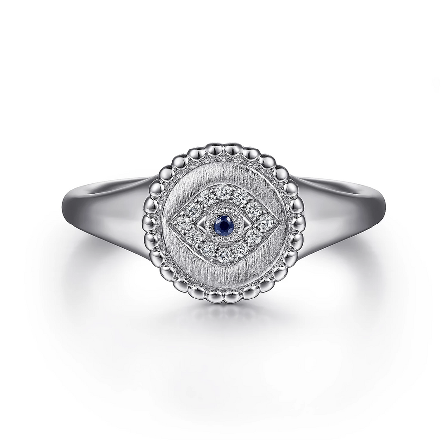 Gabriel & Co. Fashion Sterling Silver Signet Ring with Diamond and Sapphire Evil Eye