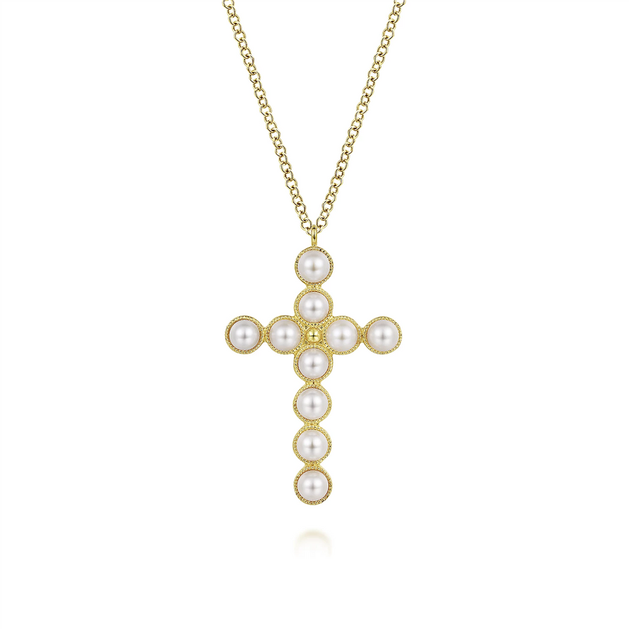 Gabriel & Co. Fashion 14K Yellow Gold Pearl Cross Pendant Necklace