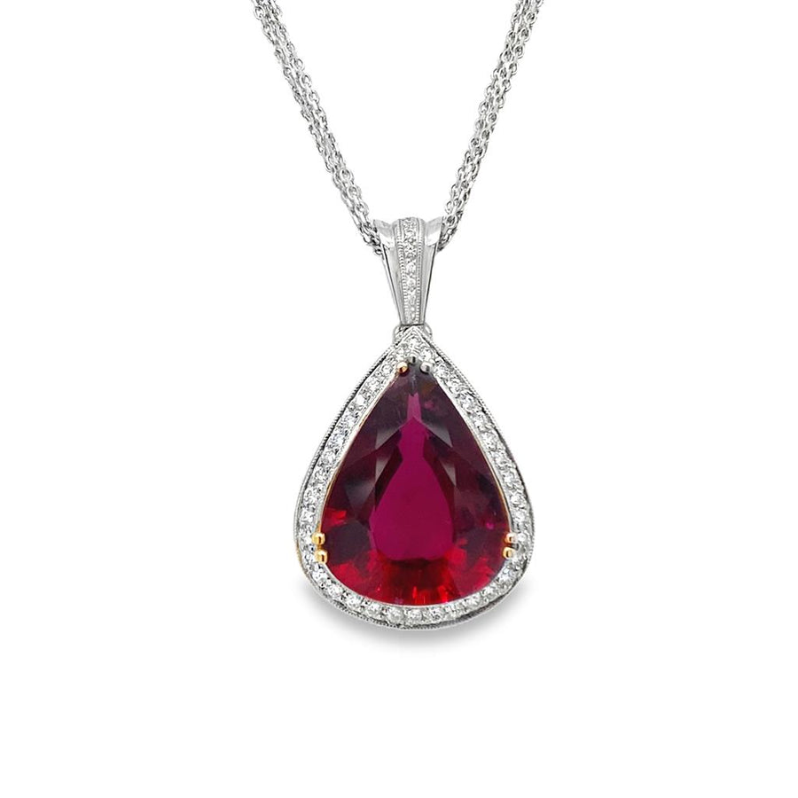 Pear Shape Purple-Red Tourmaline and Diamond Halo Pendant