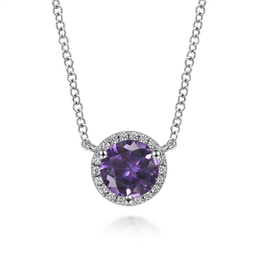 Gabriel & Co. Fashion 14K White Gold Round Amethyst and Diamond Halo Pendant Necklace