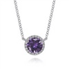 Gabriel & Co. Fashion 14K White Gold Round Amethyst and Diamond Halo Pendant Necklace