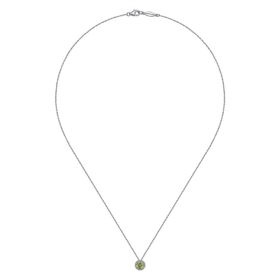 Gabriel & Co. Fashion 14K White Gold Peridot and Diamond Halo Pendant Necklace