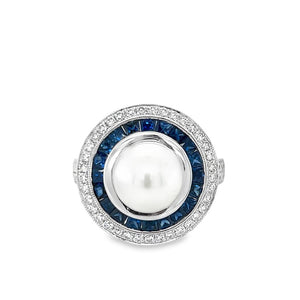 Lady's White 18 Karat Milgrain Double Halo Ring one = 8.80mm Cultured