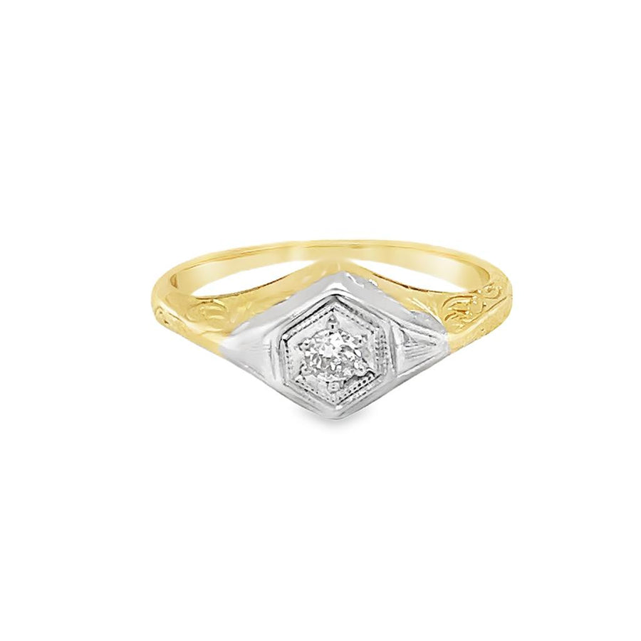 Two-tone 14 Karat Engraved Geometric Solitaire Ring