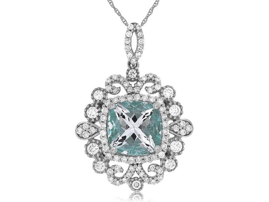 Lady's White 14 Karat Fancy Halo Pendants With One = 1.90Ct Cushion Aq