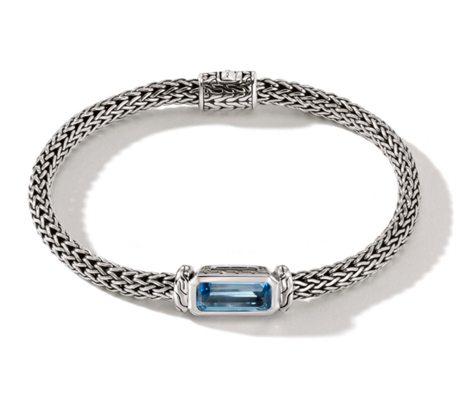 John Hardy Classic Chain Silver 5mm Extra Small Chain Bracelet with Pusher Clasp with 12x5mm Aquamarine