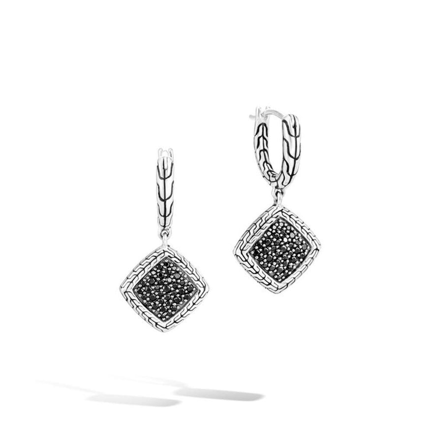 John Hardy Classic Chain Silver Square Drop Earrings with Treated Black Sapphire and Black Spinel