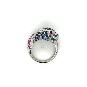 White 14 Karat Pink & Blue Sapphire Panther Ring Estate Jewelry Size 6 With 11=0.05Tw Round I/J I2/I3 Diamonds, 54=1.35-1.75Mm Round Sapphires And  Other Stones Gram Weight: 7