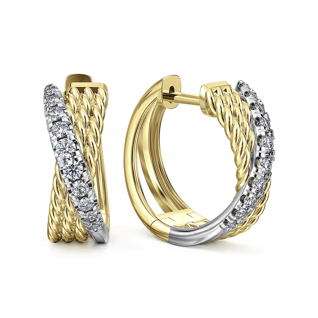 Gabriel & Co. Fashion 14K Yellow-White Gold Twisted 15mm Diamond Huggie Earrings