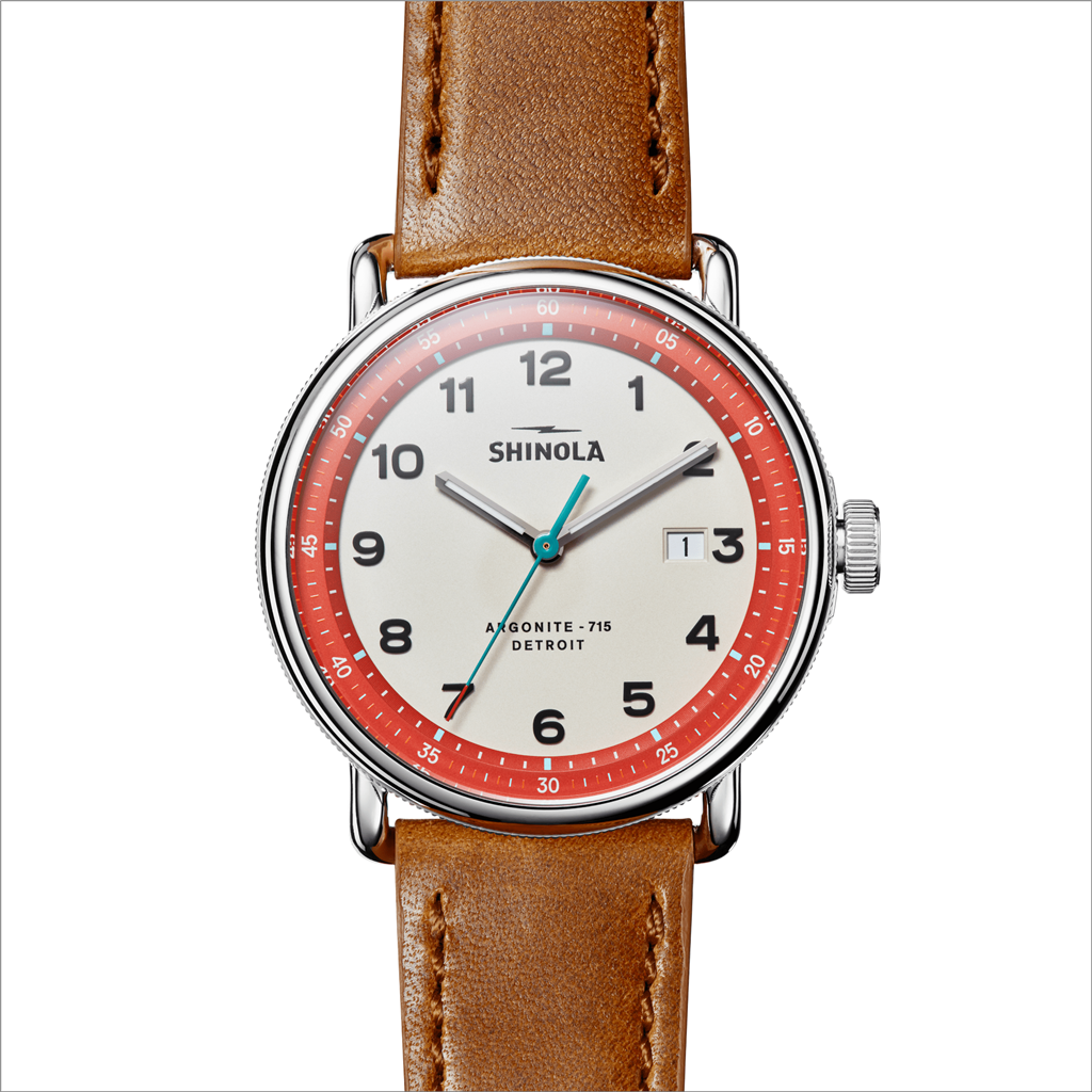 The Canfield Model Watch with White Face, Red Bezel and Bourbon Leather Strap