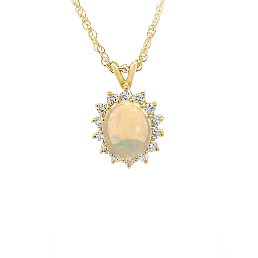 Yellow 14 Karat Oval Halo Estate Jewelry Length 19 With One Oval Opal And 14 0.42TW Round Diamonds Gram Weight: 4.41