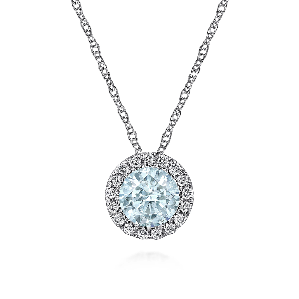 Gabriel & Co. Fashion 14K White Gold Aquamarine and Diamond Halo Pendant Necklace