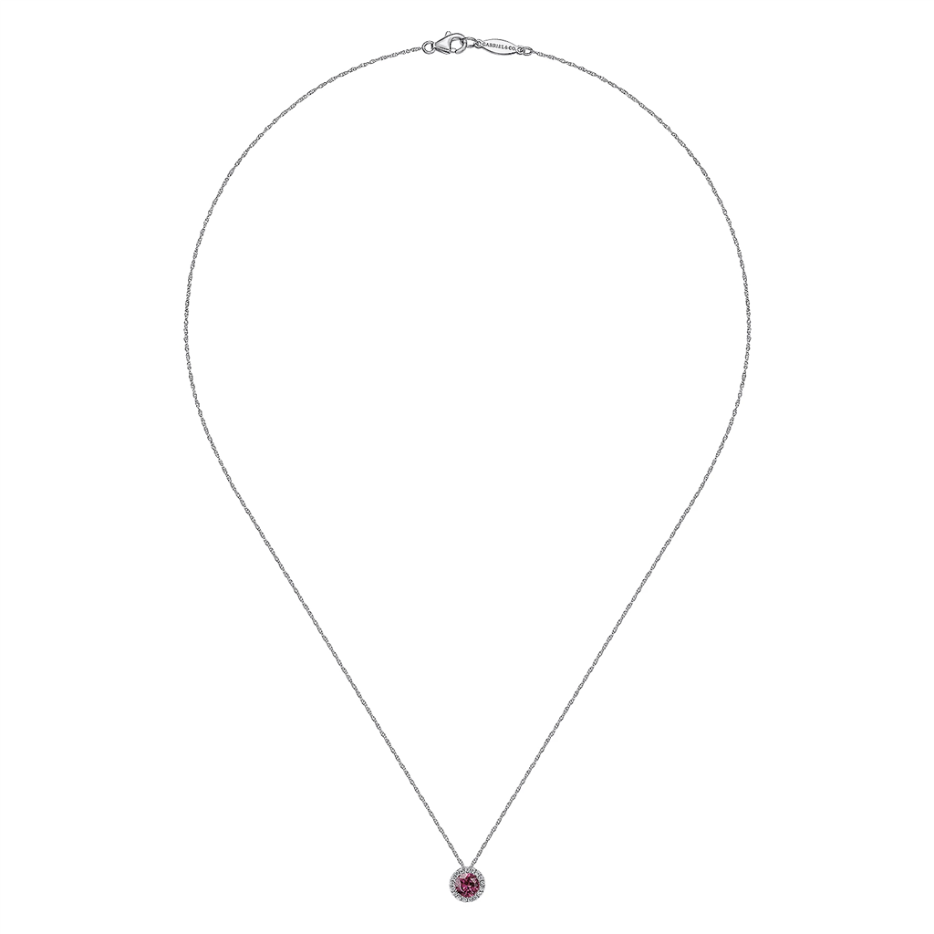Gabriel & Co. Fashion 14k White Gold Diamond Halo   Pink Tourmaline Pendant Necklace