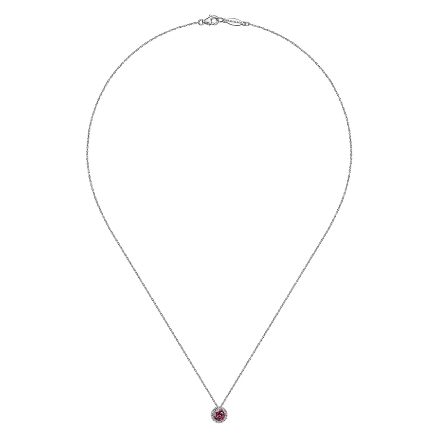 Gabriel & Co. Fashion 14k White Gold Diamond Halo   Pink Tourmaline Pendant Necklace