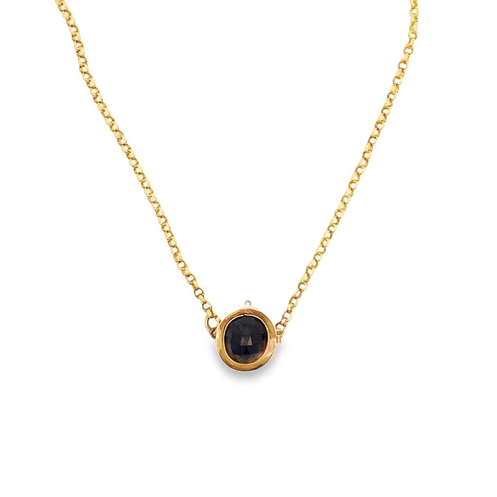 Yellow 14 Karat Rolo With Hidden Clasp Estate Jewelry Length 18 one Oval Garnet (Stone is cracked) Gram Weight: 11.7