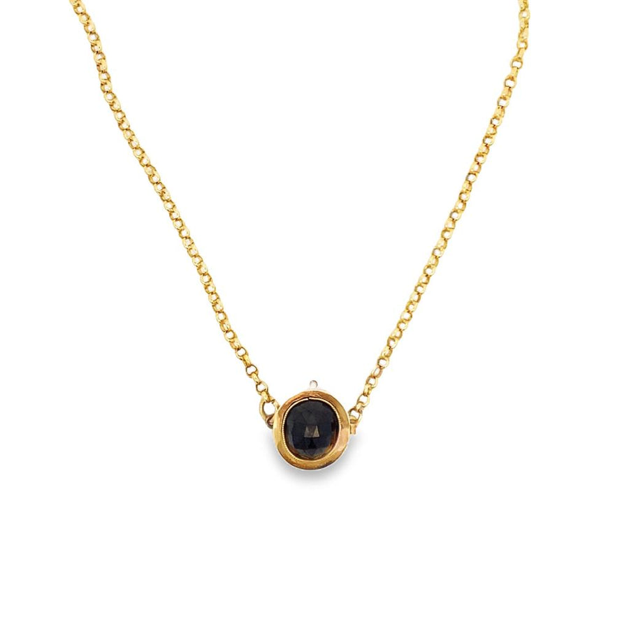 Yellow 14 Karat Rolo With Hidden Clasp Estate Jewelry Length 18 one Oval Garnet (Stone is cracked) Gram Weight: 11.7