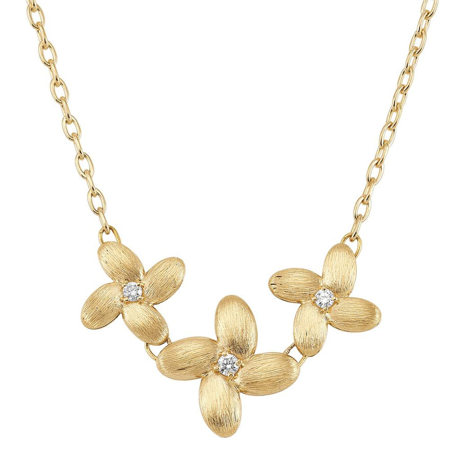 Lady's Yellow 14 Karat Satin 3-Flower Pendant With 3=0.08Tw Round Diam