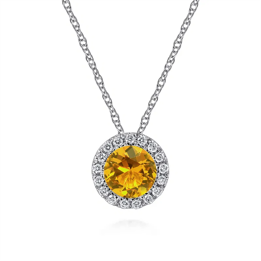 Gabriel & Co. Fashion 14K White Gold Round Citrine and Diamond Halo Pendant Necklace