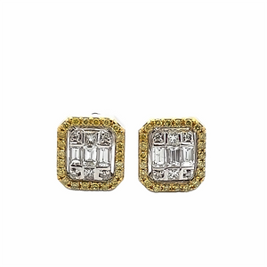 Estate Yellow & White Emerald Shape Diamond Earrings